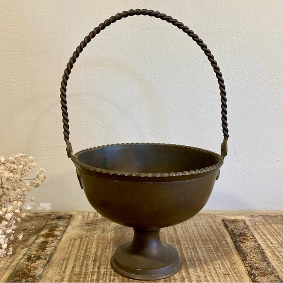 Footed Metal Decorative Bowl with Handle 10.5” Tall - Picture 3 of 15